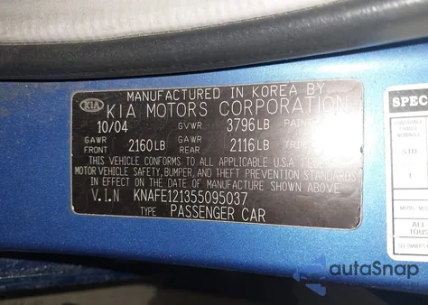 2005 Kia Spectra Ex/Lx/Sx z USA, uszkodzony, nr VIN KNAFE121355095037